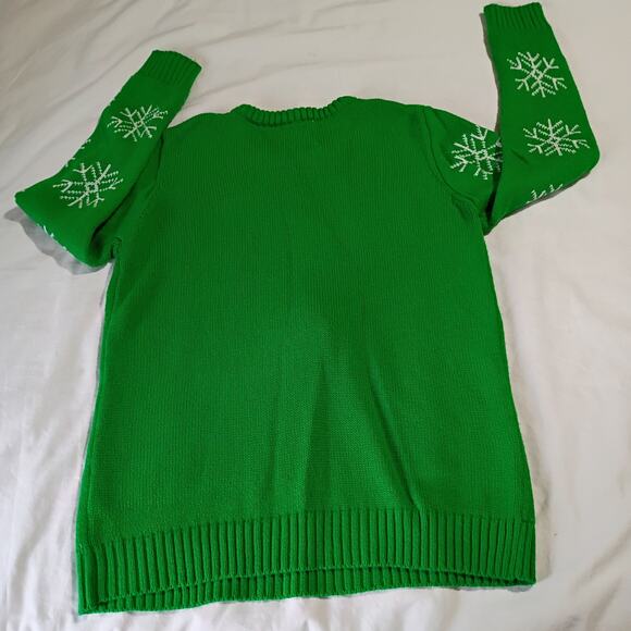 Ugly Christmas Sweater Gnome Medium Sequined Green Snowflakes PomPom Nose - Picture 7 of 12